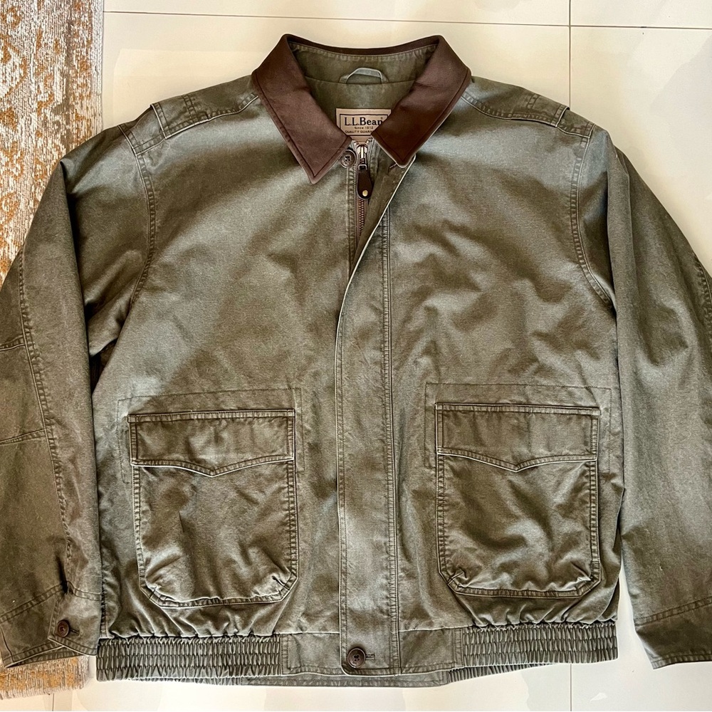 Vintage L.L. Bean Men's Green Bomber Jacket Dark Brown Cow Leather Collar XXL